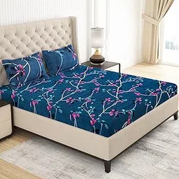 MollisHomes 150 TC Cotton Feel Glace Cotton Printed Double Bed Bedsheet with 2 King Size Pillow Cover, Dark Blue Leafs Design, 220 x225 cm-picture-16