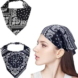 2pcs Bandanas for Women, Stylish Hairbands Head Scarf,Hair Accessories for Women, Triangle Hairband Boho Headband and Bandana Scarf Combo(Black+navy blue)-image-91