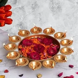Gold Polish Diya Shape Flower Decorative Urli Bowl/Tealight Candle Holder Home and Office Decor Diwali Decoration Items (Metal14 Inches) 13 Diyas-image-73