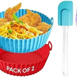 Red&Blue Round Silicone Air Fryer Tray with Ear Handles | 8in Nonstick, Reusable, Heat Resistant, 2-Pack with Oil Brush & Spatula-image-92