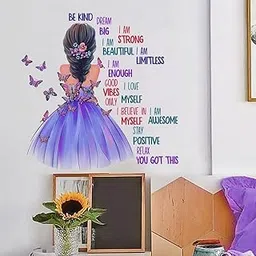 Hetshree Decor Inspirational Wall Decal Purple Dress Design Girl with Butterflies Decorative Art Wall Sticker for Kids Room, Living Room, Drawing Room, Peel and Stick, PVC Vinyl,(Multicolor)-image-65