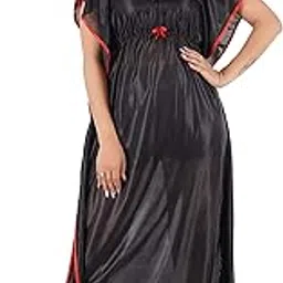 Women's Satin Kaftan Nighty| Short Sleeves | Night Wear | Maxi for Women | Size-X-Large, V Shaped Neck (Article-KF-021B) Black-picture-57