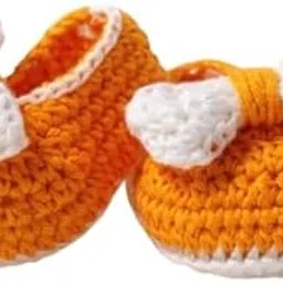 wooliewinks Handmade Crochet Newborn Booties with White Bow | Orange & White Baby Shoes | Soft Cotton Yarn Infant Footwear | Crochet Crib Shoes | Baby Shower & 1st Birthday Gift image 1