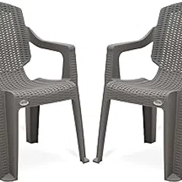 Supreme chairs Mark Designer Back Rattan Type Plastic Chair in Matte Finish with Armrest for Home and Office Use (Color: Champagne, Count: 2)-picture-31