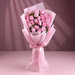 FlowerAura Fresh Live Flower Bouquet of 24 Pink Roses In Non-Woven Packing For Birthday Gift, Anniversary Gift, Wedding Gift, Rose Day Gift, Valentine's Day Gift, New Year Gift (Same Day Delivery)-picture-26