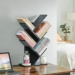 SAMT Modern Wooden Zig-Zag Book Rack | Small Tabletop Bookshelf for Home & Office | 4-Tier Display Organizer (Black MDF Finish)-picture-25