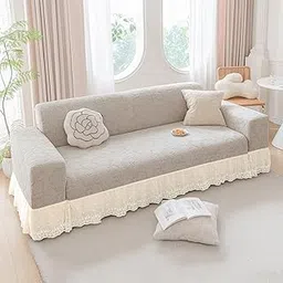 HOKIPO 'Floravelle' 200gsm Knitting Jacquard Elastic 3 Seater Sofa Cover with Frill, Pastel Grey (AR-6031-LGRY)-picture-30