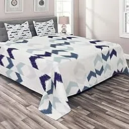 Ambesonne Navy Coverlet, Abstract Ikat Chevron Zigzag Folk Traditional Image, 3 Piece Decorative Quilted Bedspread Set with 2 Pillow Shams, Queen Size, Slate Blue Purple White-picture-30
