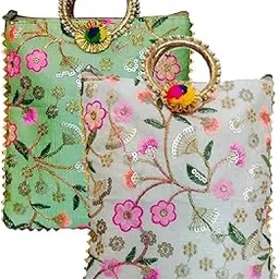 Tanmish World Potli | Silk Wedding bag| Christmas Return Gift | Traditional Embroidered Potli Handbag with Golden Handle – Ethnic Clutch Bag for Women & Girls – Bridal, Wedding (GREEN & WHITE)-picture-39