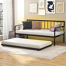 Modern Metal Daybed with Trundle – Twin Size Sofa Bed Frame with Backrest & Guardrails – Convertible Guest Bed for Bedroom or Living Room (Mattress Not Included) image 1