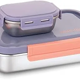 WARMEO Carnival Stainless Steel Airtight Leak-Proof Lunch Box, Light Weight, Easy to Clean, Perfect for Office, School, Picnic & Travelling, Set of 2 (800ml+150ml) Purple & Peach-picture-19