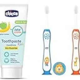 Chicco Toothpaste for Kids, Best for Baby (6m-6y), Apple-Banana Flavour, 50g | Fluoride-Free & Low A & Chicco Toothbrush 3Y-8Y 3 Pack- Blue, Orange & Green-picture-30