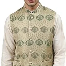 manq Men Fawn Woven Jaquard Silk Nehru Jacket-picture-55
