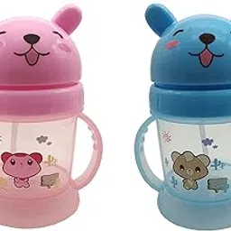 Te Quiti Baby Sipper Bottle Leakproof Durable BPA Free Non Toxic with Straw Combo Bunny Teddy Bear Design Water Bottle with Sipper for Kids Girls & Boys Blue & Pink Color-image-80