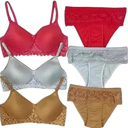 Women's Cotton Full Coverage Lightly Padded Wire Free Bra Panty Lingerie Set Honeymoon Bikni Set for Girl's Combo Pack of 3-picture-38