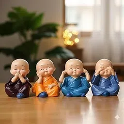 Corslet Set of 4 Miniature Buddha Monk Statues for Home Decor and Gifts | Small Multicolour Resin Figurines | Cute Buddha Idol Showpieces for Car Dashboard, Tabletop & Living Room Decoration image 1
