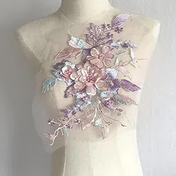 S.A.V.I 3D Floral Lace Applique Patch – Handcrafted Beaded & Sequined Embroidery (14.5x9 in) for Bridal Wear, Sarees, Lehengas, Gowns, Blouses & DIY Craft Sewing – 1PC Elegant Fabric Patch (Pink Purple)-picture-36