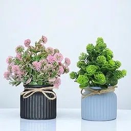 Artificial Plants with Pot | Decorative Tabletop Fake Green Plants for Living Room, Bedroom & Office | Plastic Indoor Plants for Home Decor – Set of 2 (Multicolor, 23 cm) (Pink & Green Filler Combo)-picture-12