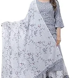 Women's Rayon Round-Neck 3/4 Printed Kurta, Sharara & Dupatta Set Grey-picture-15
