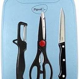 Pigeon Shears 4 Piece Kitchen Knife Set with Chopping Board, Stainless Steel Kitchen Knife, Scissor and Vegitable Pealer, Black, Medium (14184)-image-35