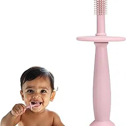 Kidology 360° Baby Teether Toothbrush with Suction Base - Gentle Cleaning for Infant Self-Brushing Training, Food-Grade Silicone, Adjustable Safety Shield |Teether Effect for Sore Gums | Pink-image-43