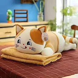 Tickles Sleeping Cat Soft Stuffed Plush Animal Pillow for Kids Boys & Girls (Size: 45 cm Color: White & Brown) image 1