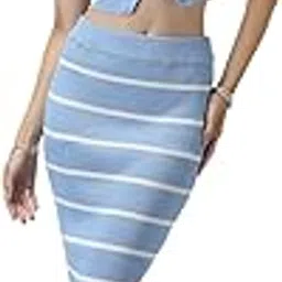 showoffff Women's Striped Blue V-Neck Crop Top with Skirt Co-ords Set-CHN-83101_Blue-picture-23