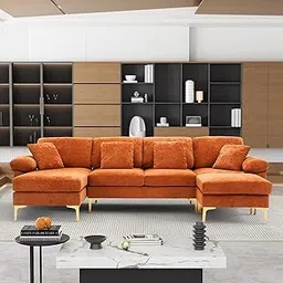 OUYESSIR U-Shaped Sectional Sofa Couch, 4 Seat Sofa Set for Living Room, Convertible L-Shaped Velvet Couch Set with Reversible Chaise Lounge, Ottoman and Pillows,114 inches (Orange) image 1