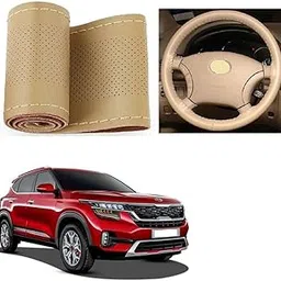 Car Steering Wheel Cover with Needle Thread Leather Sleeve Anti-Slip Breathable Full Beige Color Suitable for Kia Seltos-image-80