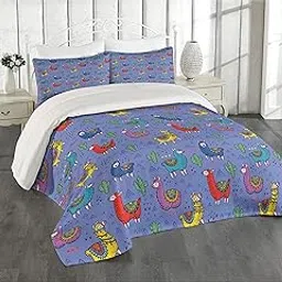 Ambesonne Llama Coverlet, Cartoon Style Furry Animals Mexican Folk Details Triangle and Cactus Design, 3 Piece Decorative Quilted Bedspread Set with 2 Pillow Shams, Queen Size, Pale Teal-image-2