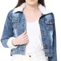 liba creations Light Blue Buttoned Women's Denim Jacket and Coat With Fur Collar-picture-46