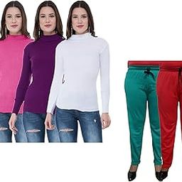 indiweaves Women Winter Wear Combo Pack- Full Sleeves High Neck/Skivvy and Fleece Warm Lower/Track Pants (Pink, Purple, White, Sea Green, Red,40) Pack of 5-picture-16