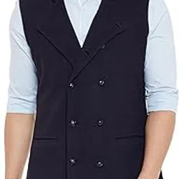 hypernation Navy Blue Color Double Breast Cotton Waistcoat for Men-picture-42