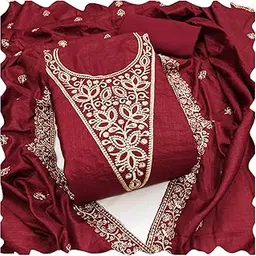 sanganee fashion SANGANEE Women's Vichitra Silk Dress Material, Unstitched, with Bottom and Dupatta, Neck Work-picture-57