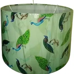 Sj Wooden Craft Decorative Lampshade with Peacock Pattern, Drum Shape, Green (12" x 10" x 8")-picture-45