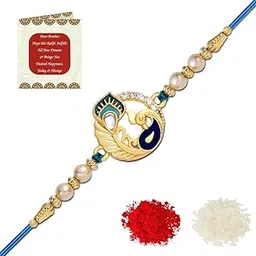 riddhika ventures Ritzy Gold Plated Meenakari Peacock Rakhi with Roli Chawal and Greeting Card-picture-17