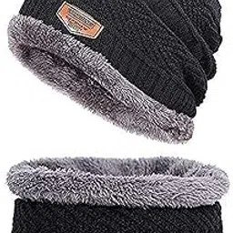 digital shopee Winter Knit Beanie Woolen Cap for Men/Women with Neck Scarf Fur Fleece (Set of 2)-picture-41