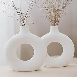 Kreative Homes Donut Ring Vases, Ceramic Round Shaped Flower Pot | Ring Shaped vases | Handcrafted Flower Vases and Pot for Home Decoration, Center Table Decor, Ideal Gift Pack of 2 (White)-image-3