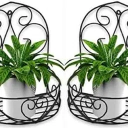 OSHIGREENS Metal Wall Mount Plant Holder, Indoor Outdoor Hanging Planter Shelf Bracket, Black, 2-Pack, Medium-picture-25