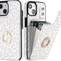 HAOPINSH for iPhone 13/ iPhone 14 Wallet Case with Card Holder, 360°Rotation Ring Kickstand, White Leopard Cheetah Pattern, RFID Blocking Leather for Girls Women, Double Buttons Flip 6.1"-picture-44