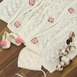 Pluchi Keepsake Baby Gift Set- Crochet Knit Blanket with Hand Crochet Flowers with Booties & Cap in Box Packing-image-20