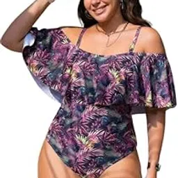 plus curvves Plus Tropical Print Cold Shoulder Ruffle Trim One Piece Suit - XL - 8XL-picture-54
