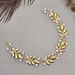 twinsho Bridal Hair Vine with Gold Leaves, Pearl and Crystal Beads, Wedding Leaves Hair Vine for Women, Bridal Hair Accessory image 1