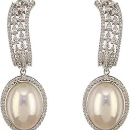 saraf rs jewellery White Plated Zircon Studded Pearl Beaded Designer Dangler Hoop Bali Earrings-picture-50