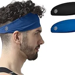 skullfit Men's Chinlon and Spandex Lightweight Moisture Wicking Workout and Sports Sweatbands Headbands - Black, Blue - (Pack of 2)-picture-47
