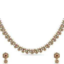 tarinika Gold-Plated Flower Theme Short Necklace Set for Women Antique Brass Alloy Cubic Zirconia(CZ) Gemstone Traditional Fashion Jewelry Gift for her Style 18-picture-29