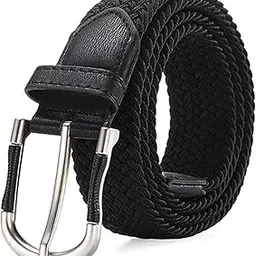 infispace Men's Elastic Braided Belt with Metal Buckle | Casual Woven Stretch Belt (Black)-picture-13
