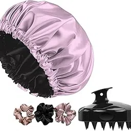 NYALA Silk Satin Hair Bonnet Reversible With 3 Free Scrunchies And Hair Scalp Massager Shampoo Brush, Silk Hair Cap for Sleeping, Satin Bonnet for Curly Hair (Rose Pink)-image-6