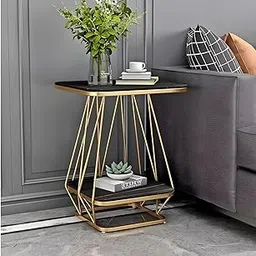 EXPRESSOW ENTERPRISES Metal Frame Marble Look 2-Tier End Table Coffee Table Sofa Side Table Tea Table Snackes Table for Living Room Berdoom or Hallway (Black Gold)-picture-27