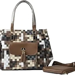 bonica Designer Checkered Tote Handbag with Tassel, Multi-Color Pattern, Vegan Leather Trim, Multiple Compartments, Shoulder Strap, Office Bag-picture-14